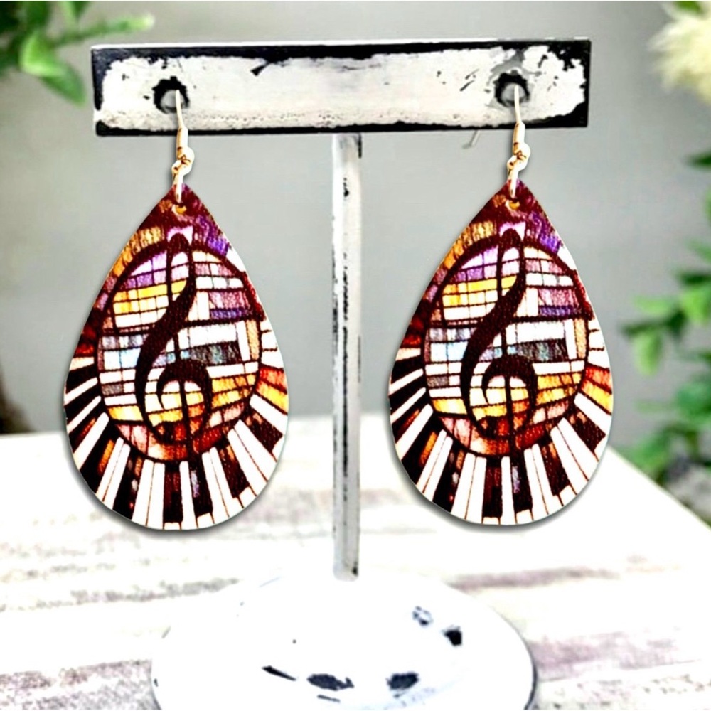 Musical Notes Piano Keys Band Musician Hand Painted Petrified Lux Wood Earrings